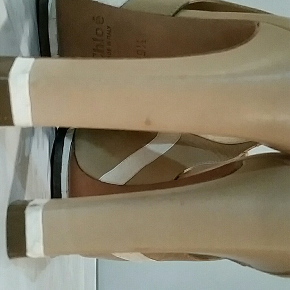 Chloe Tan and White Snake Print Sling Back Heels - Picture 6 of 8